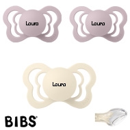 BIBS Couture mit Namen, 1 Ivory, 2 Dusky Lilac, Gr. 2, Anatomisch, Silikon, 3'er Pack